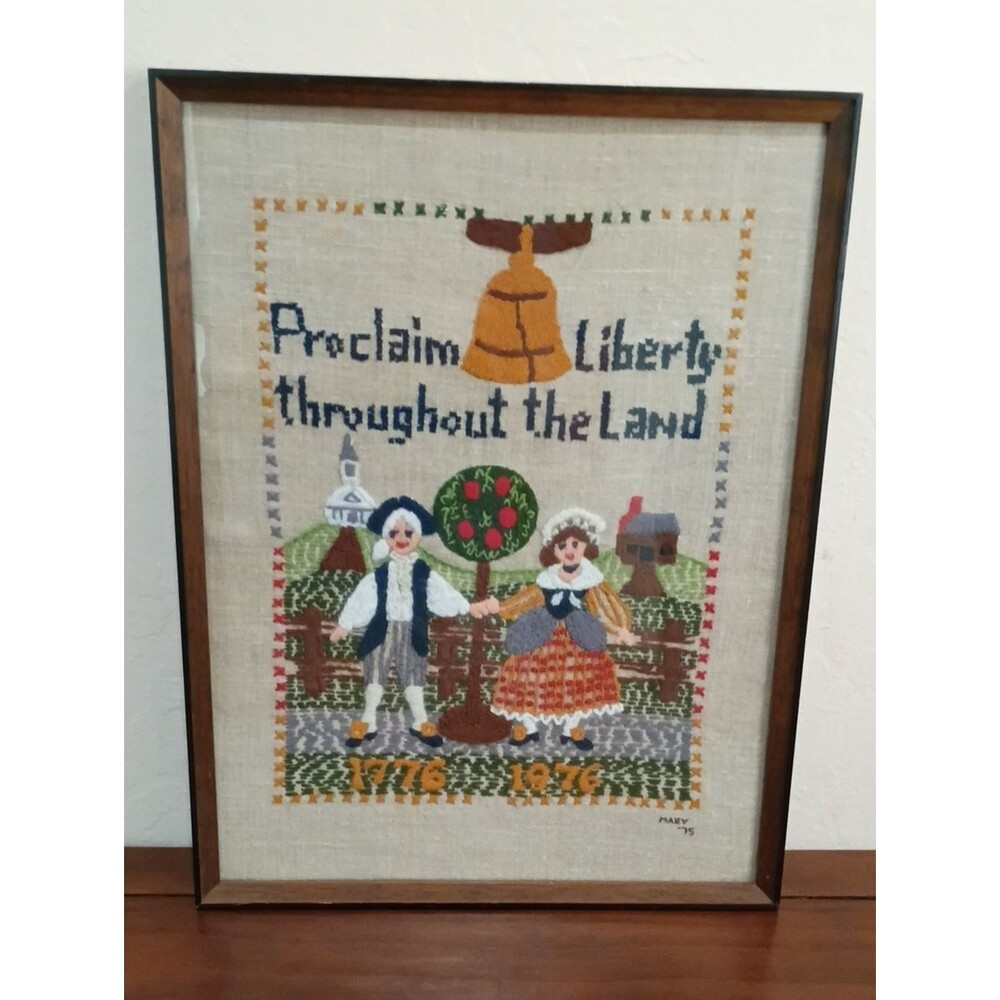 Bicentennial Crewel Embroidery Liberty Sampler, Framed, Vintage 1975
